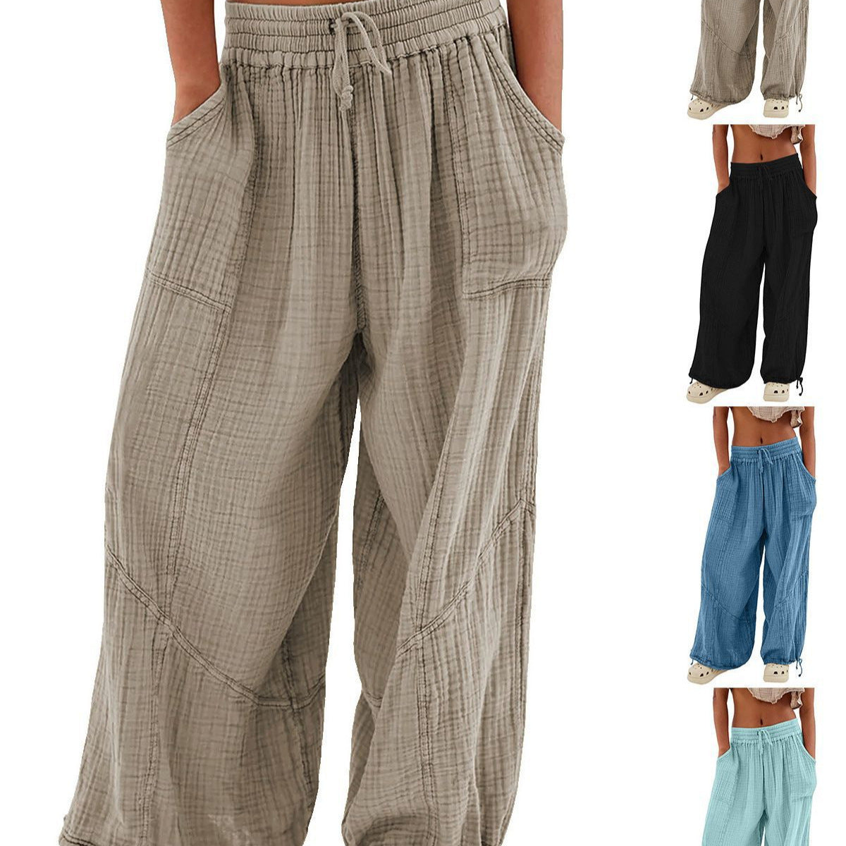 Fashionable Solid-Colored Wide-Leg Pants With Ties And Pockets Long Pants