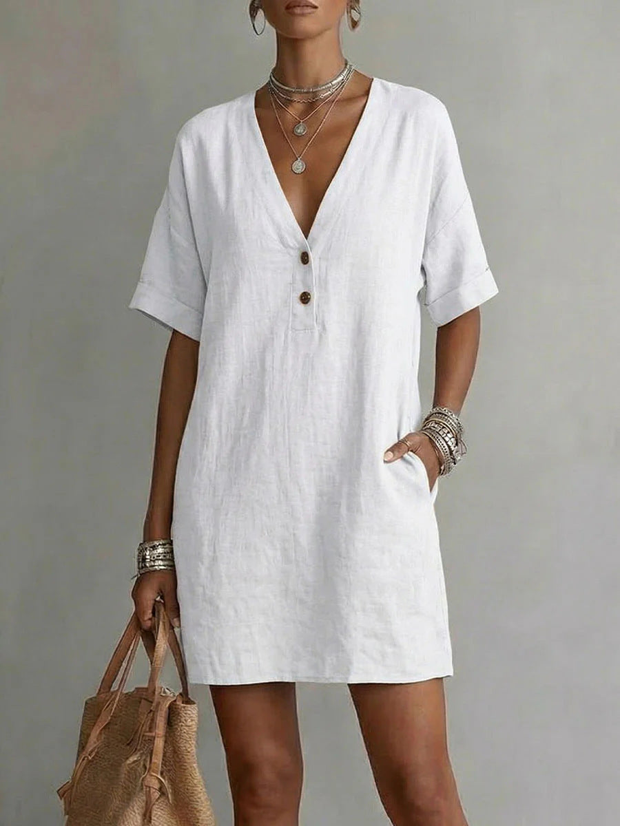 Casual Comfortable Cotton-Linen Pocket Dress With Buttons