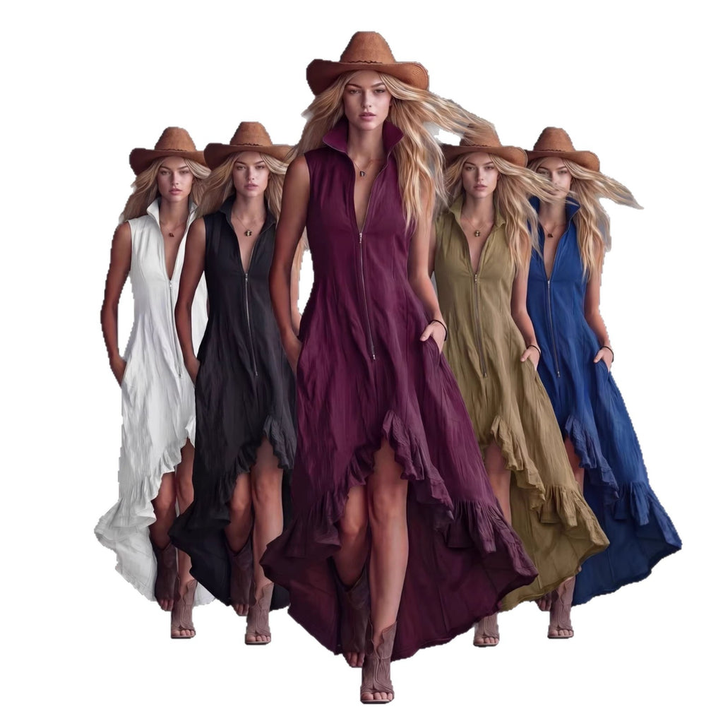 Casual Lapel Collar Front Zipper Ruffled Hem Dress