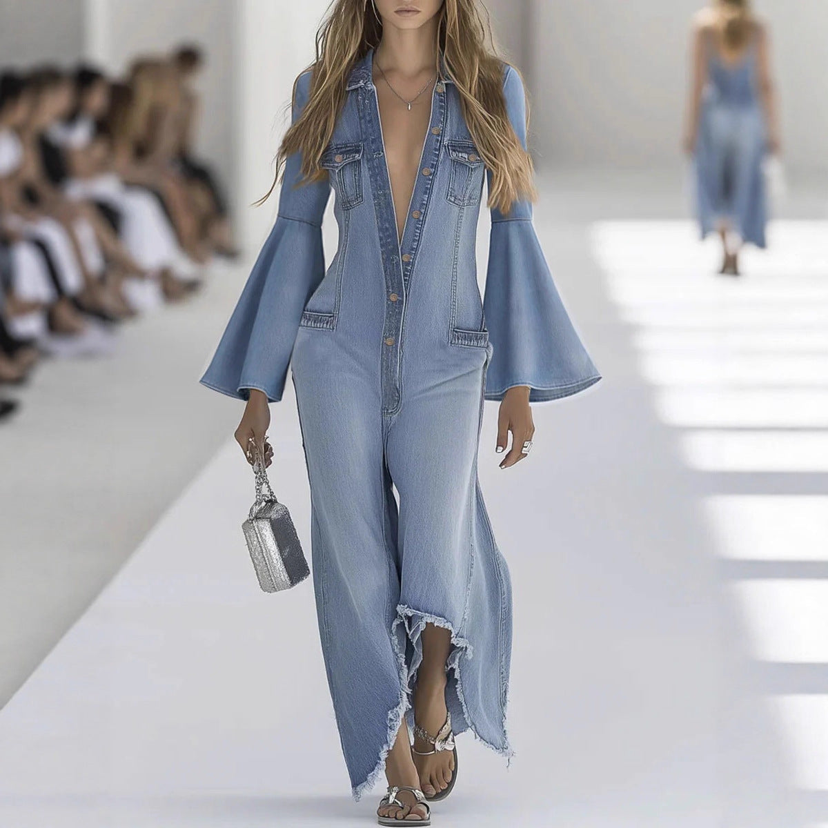 Women's Loose Solid Color Casual Single-breasted Denim Jumpsuit