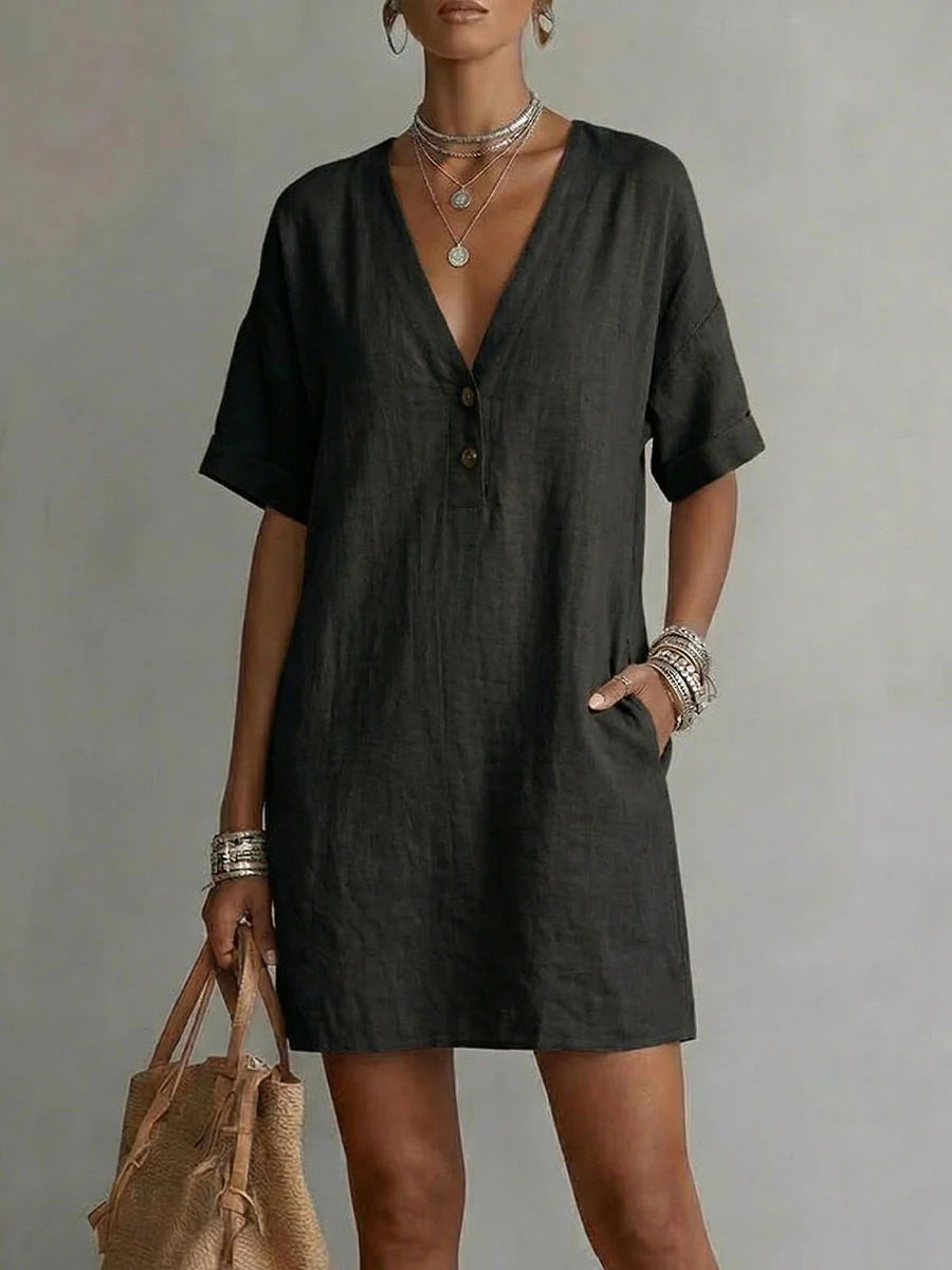 Casual Comfortable Cotton-Linen Pocket Dress With Buttons