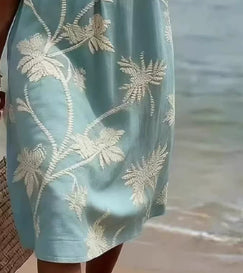 Resort Style V Neck Printed Loose Fitting Mid Sleeve Dress