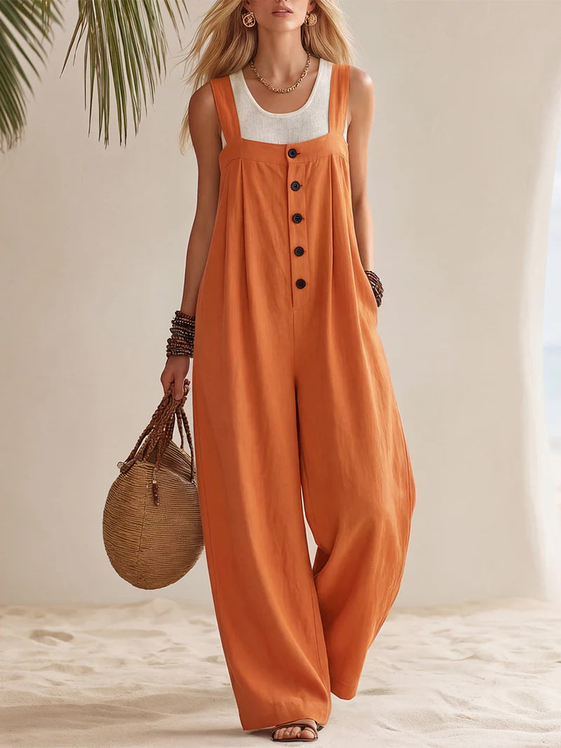 Women's Casual Fashion Bohemian Style Suspender Jumpsuit With Buttons