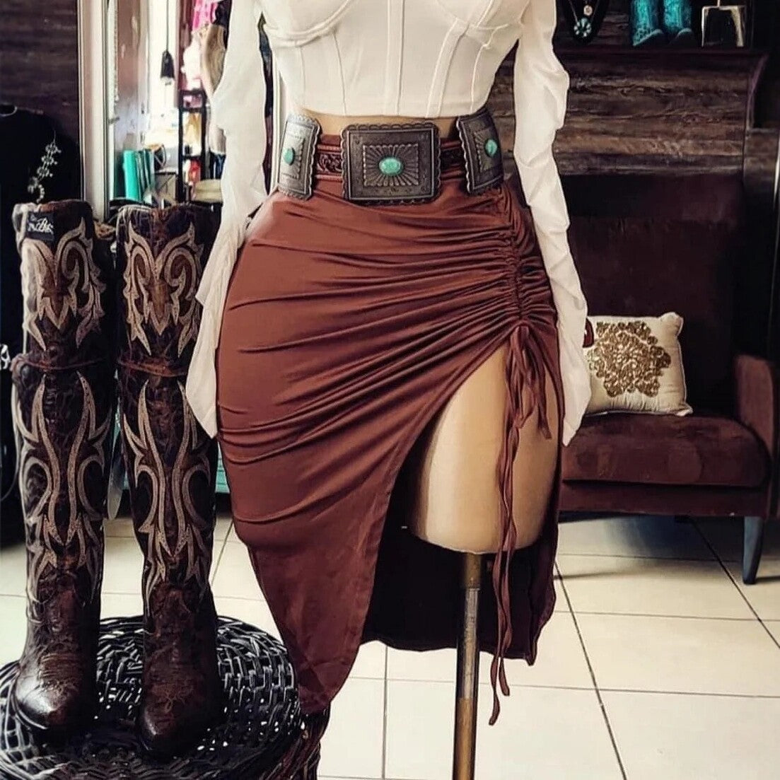Figure-flattering Slimming Pleated Drawstring High-waist Slit Skirt