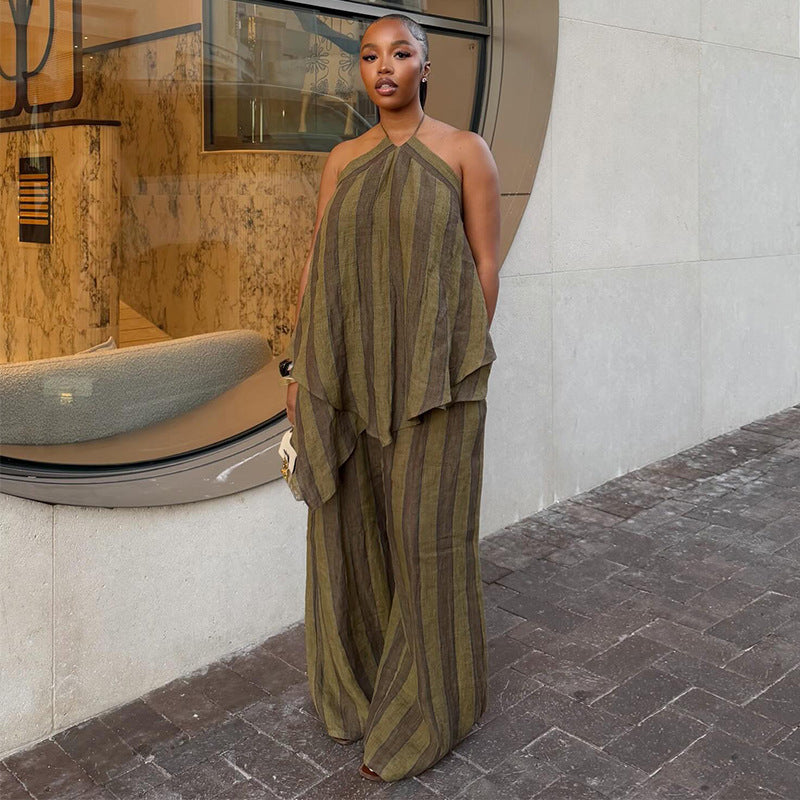 Neck-hanging Sleeveless Asymmetrical Top And Wide-leg Trousers Set
