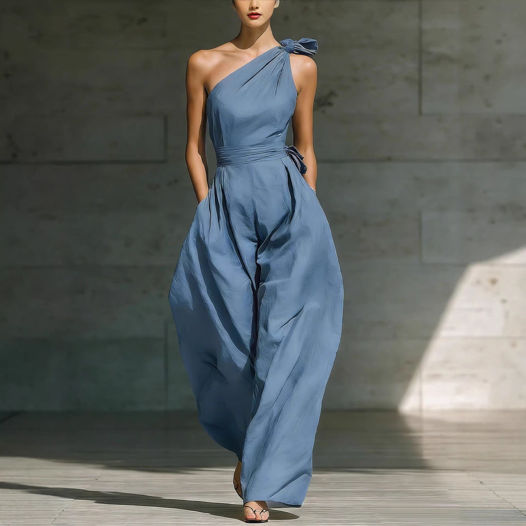 Loose-fitting Sleeveless Off-shoulder Belted Jumpsuit