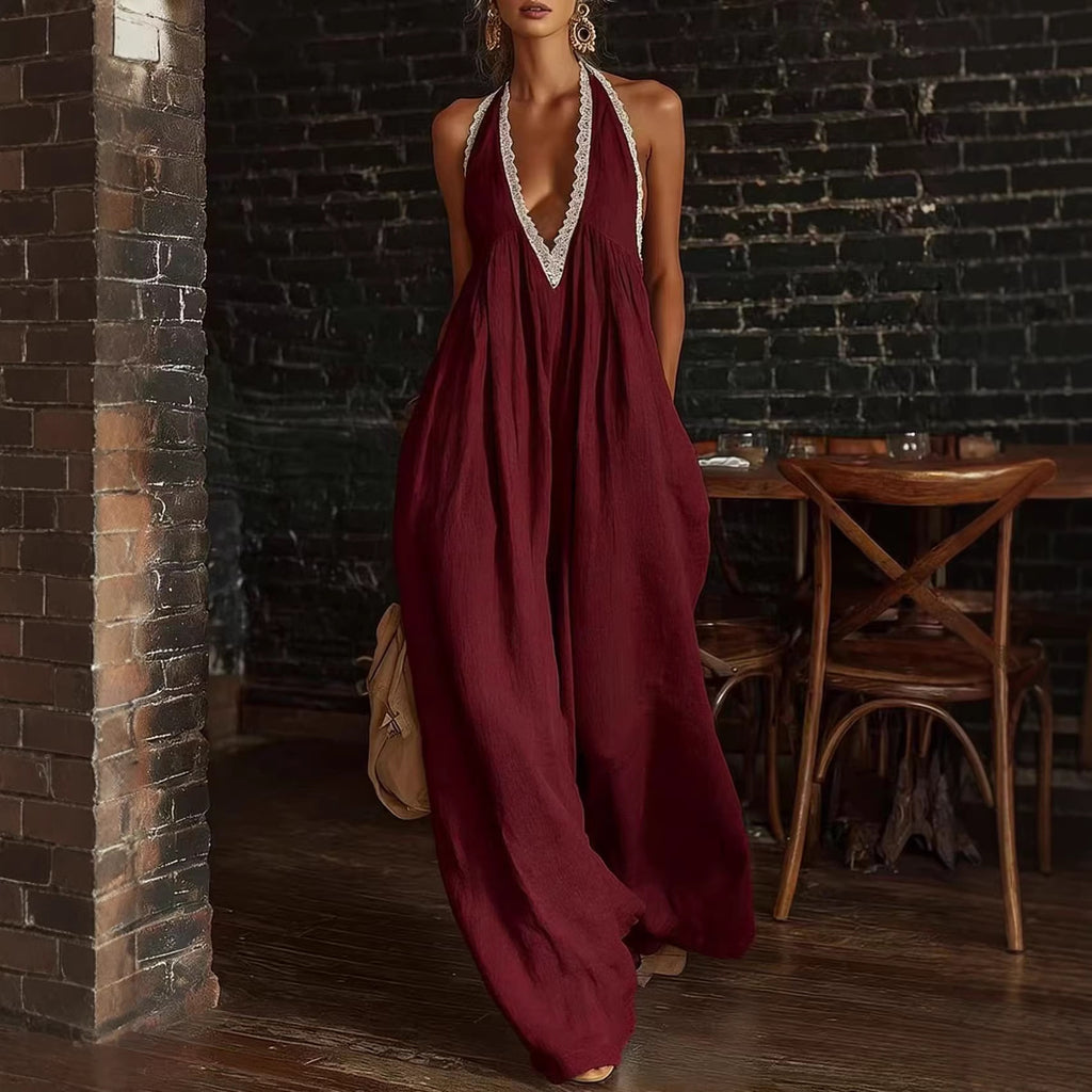 Casual And Comfortable Lace-trimmed Loose Linen Jumpsuit