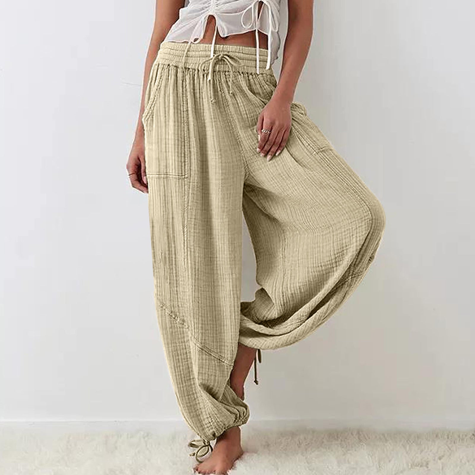 Fashionable Solid-Colored Wide-Leg Pants With Ties And Pockets Long Pants