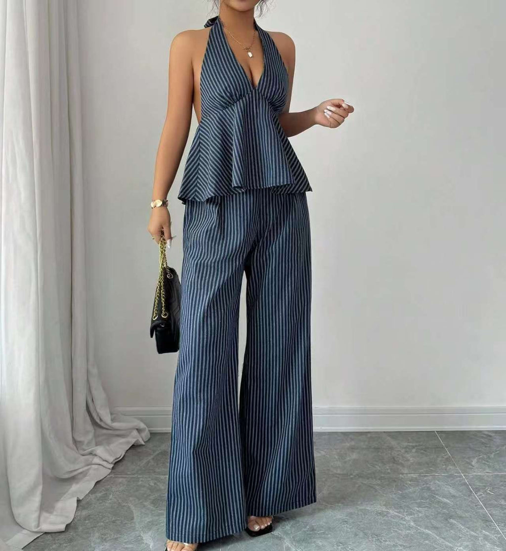 Sexy Backless Halter Jumpsuit And Straight Pants Fashionable Casual Set