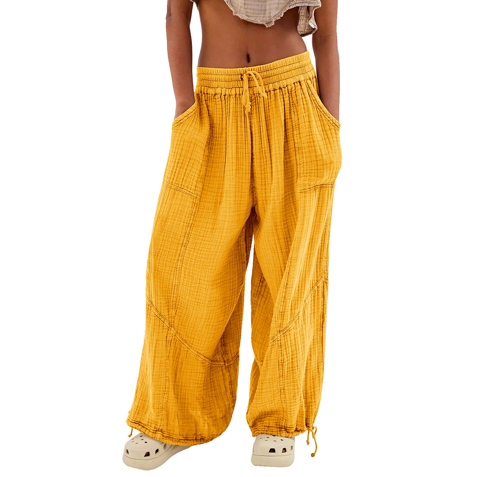 Fashionable Solid-Colored Wide-Leg Pants With Ties And Pockets Long Pants