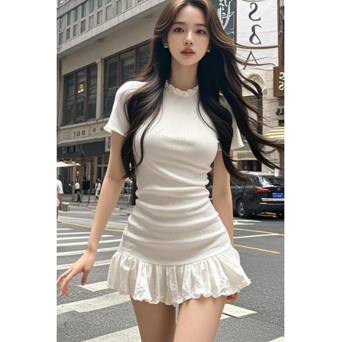 Versatile Ruffle-trimmed Slim-fit Figure-flattering Short-sleeve Dress