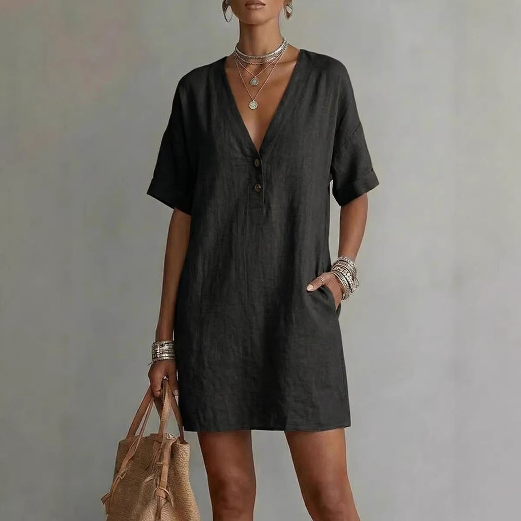 Casual Comfortable Cotton-Linen Pocket Dress With Buttons