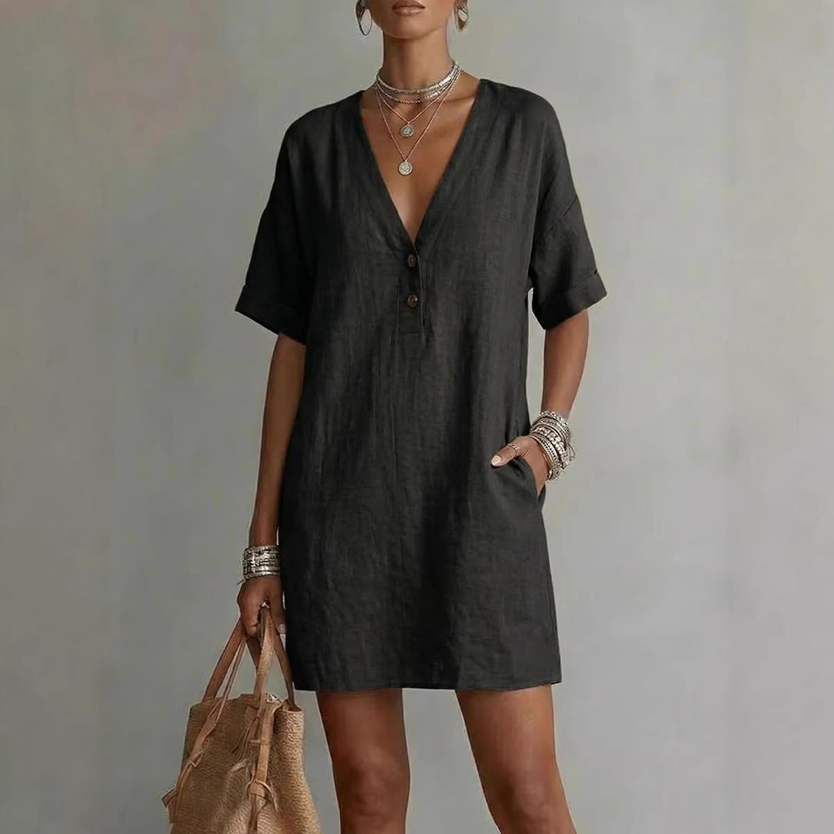 Casual Comfortable Cotton-Linen Pocket Dress With Buttons