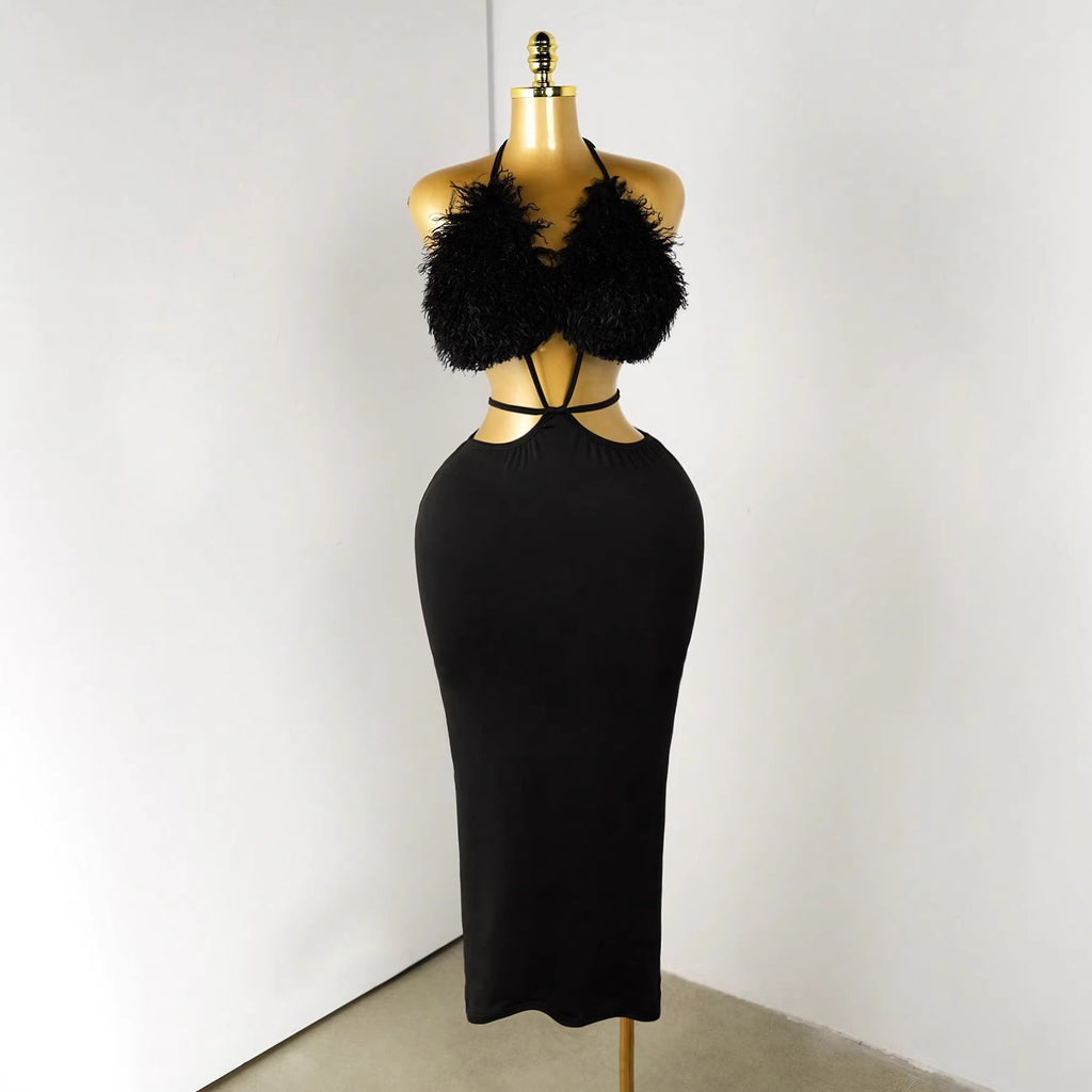 Neck-hanging Fashion Fluffy Patchwork Tube Deep-V Sexy Dress For Women