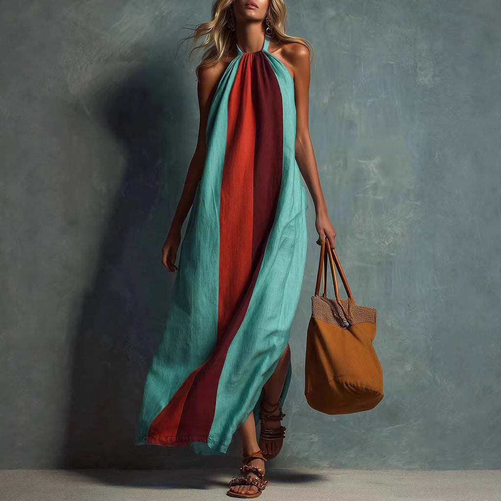 Neck-hanging Color-block Sleeveless Womens Long Dress