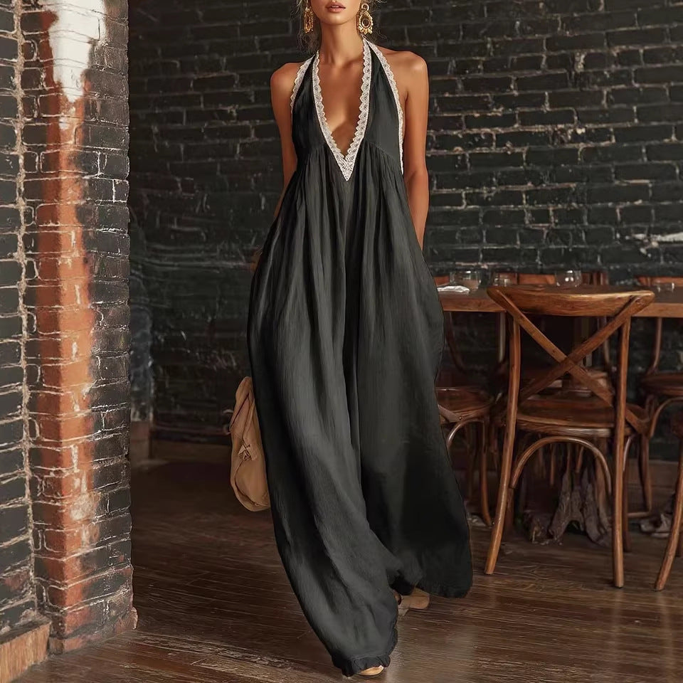 Casual And Comfortable Lace-trimmed Loose Linen Jumpsuit